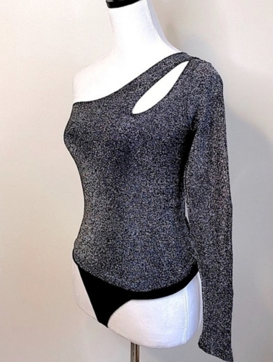 Bebe One Shoulder Bodysuit Women's Metallic Sliver Cutout Shoulder Snaps… - Picture 11 of 16